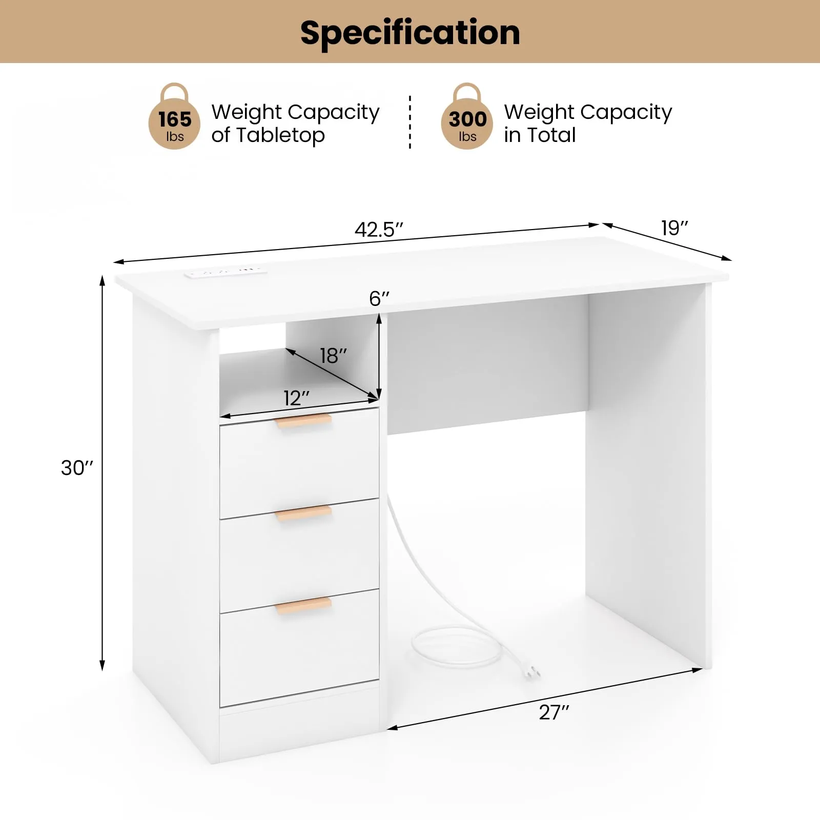 Tangkula White Desk with 3 Drawers & Built-in Charge Station, Home Office Desk with Open Storage Shelf