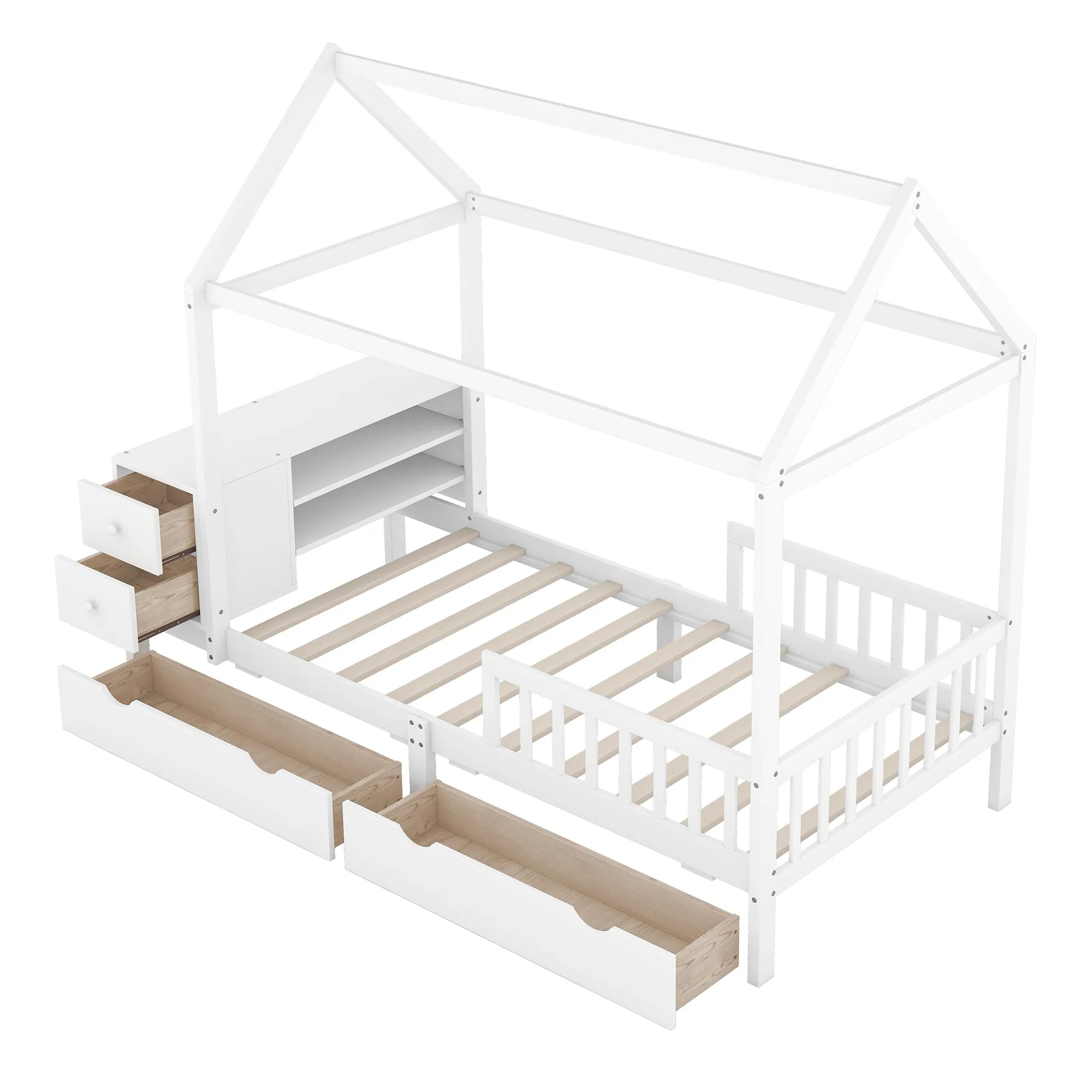 Twin Size House Bed with Fence, Drawers, Shelves and Desk, White