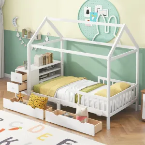 Twin Size House Bed with Fence, Drawers, Shelves and Desk, White