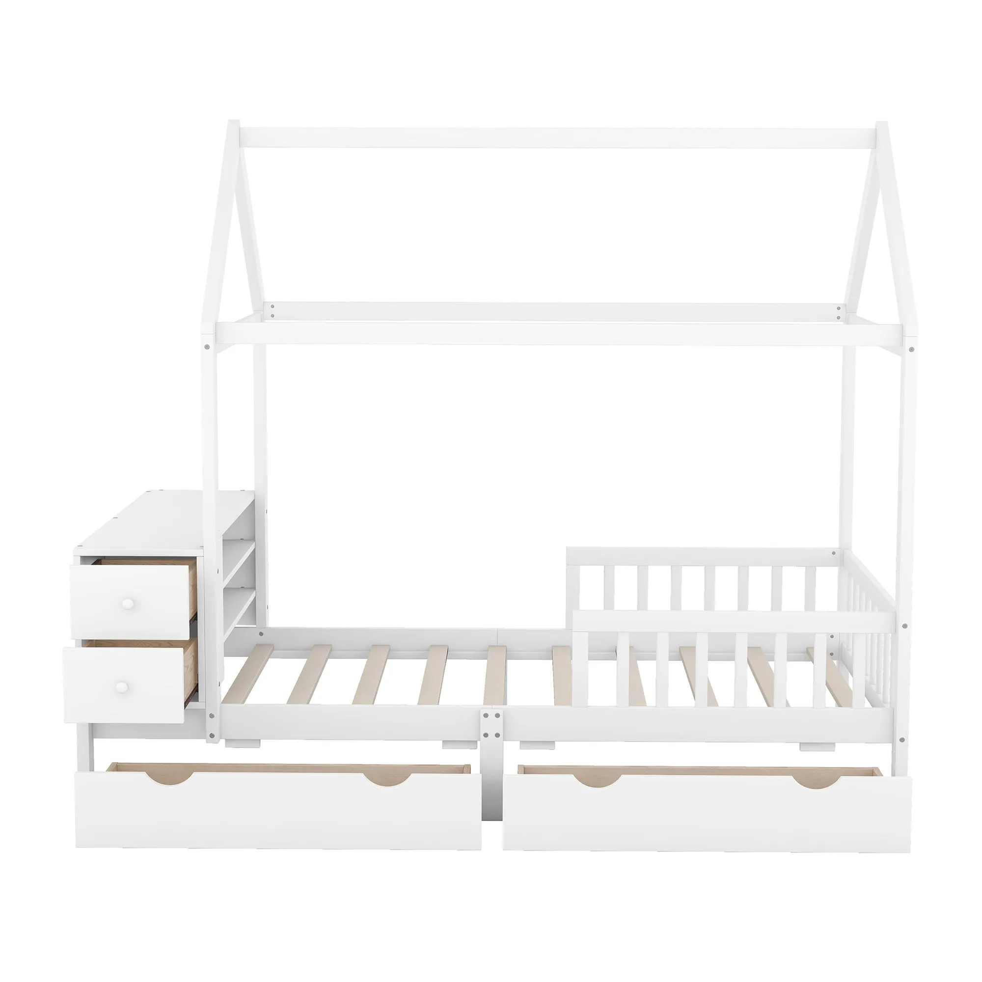 Twin Size House Bed with Fence, Drawers, Shelves and Desk, White