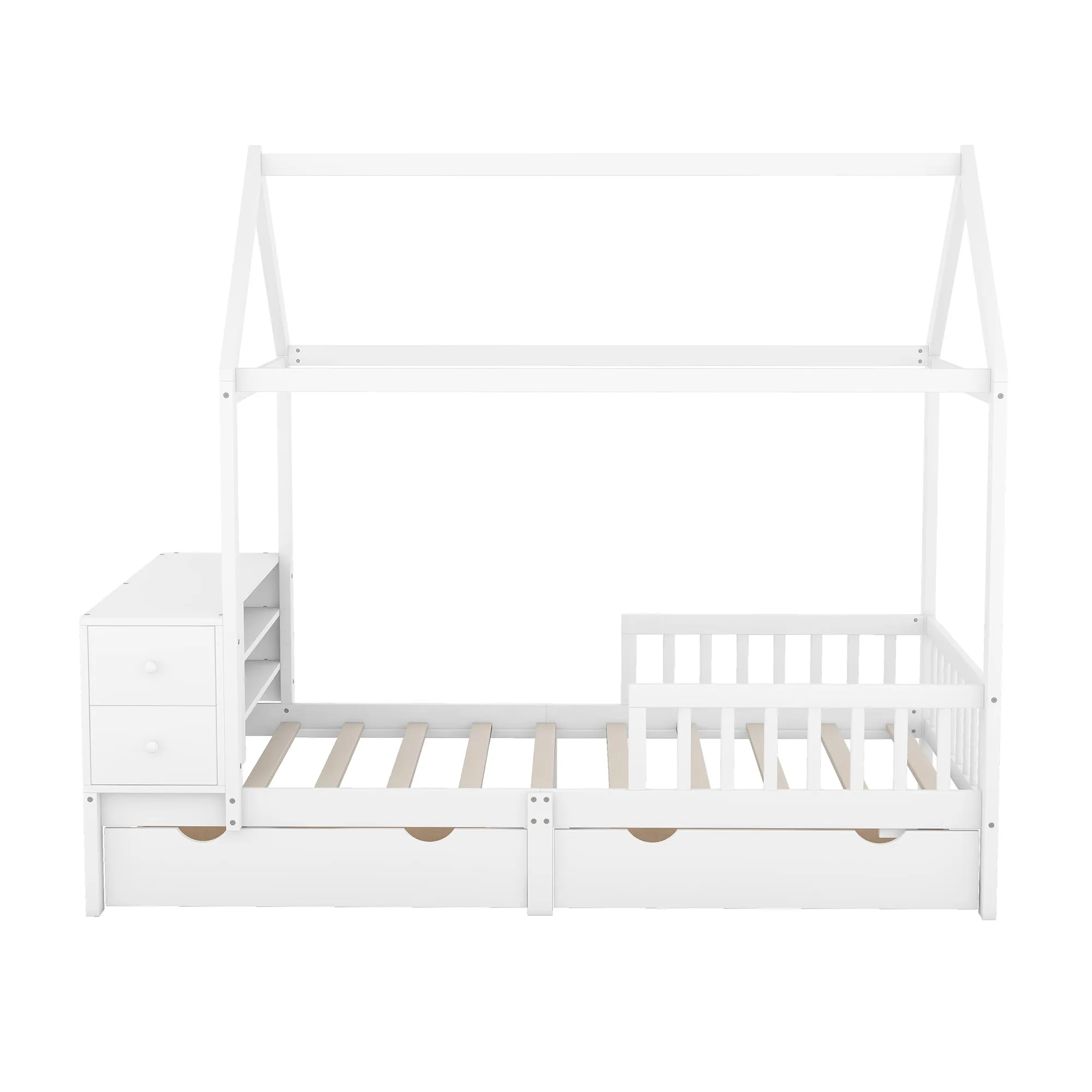 Twin Size House Bed with Fence, Drawers, Shelves and Desk, White