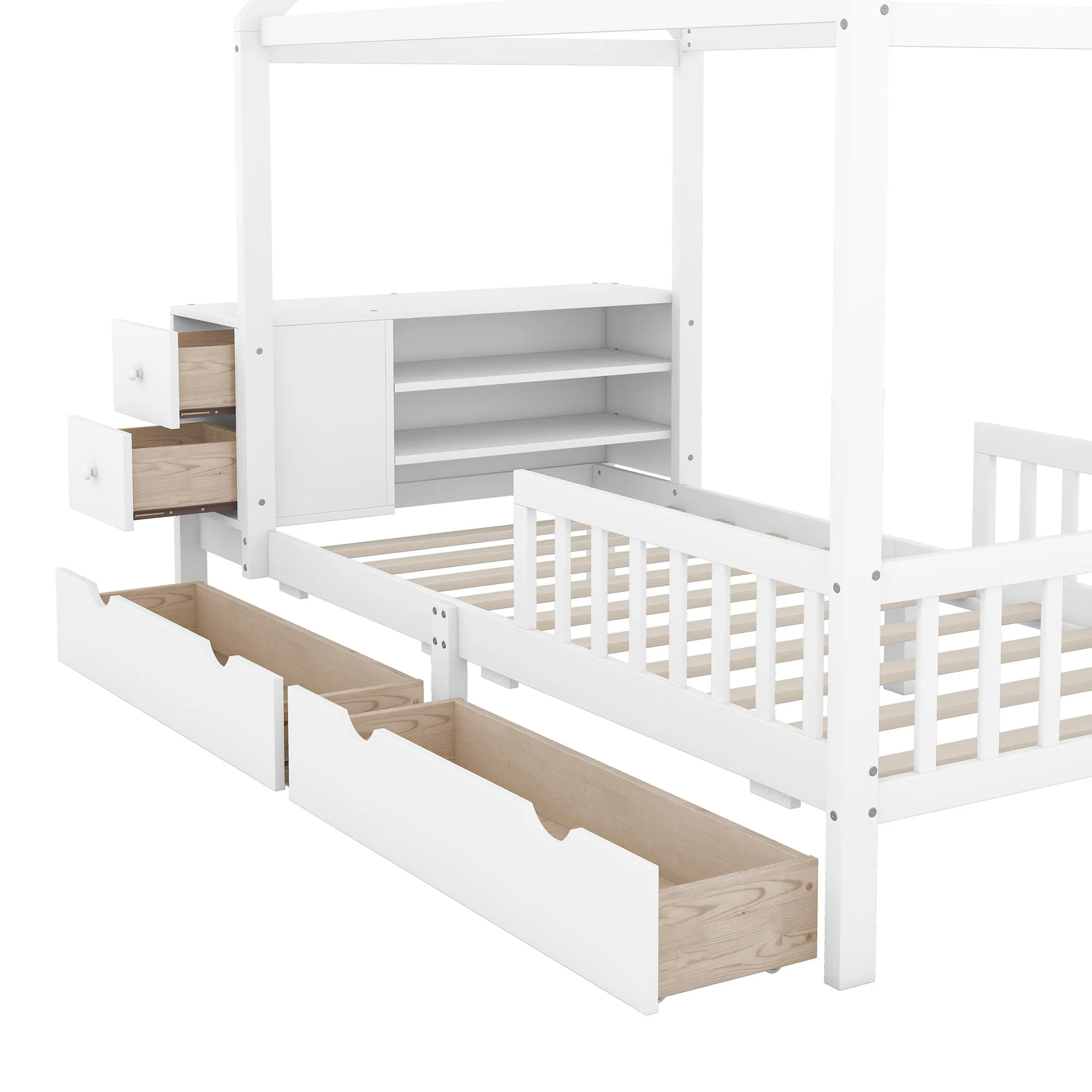 Twin Size House Bed with Fence, Drawers, Shelves and Desk, White