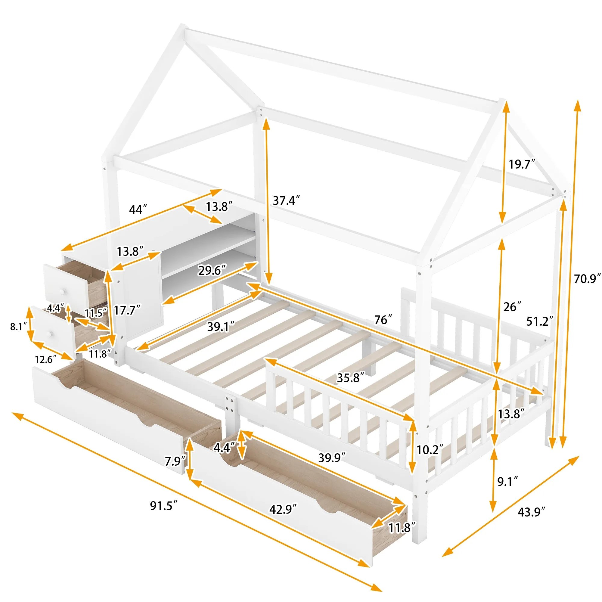 Twin Size House Bed with Fence, Drawers, Shelves and Desk, White