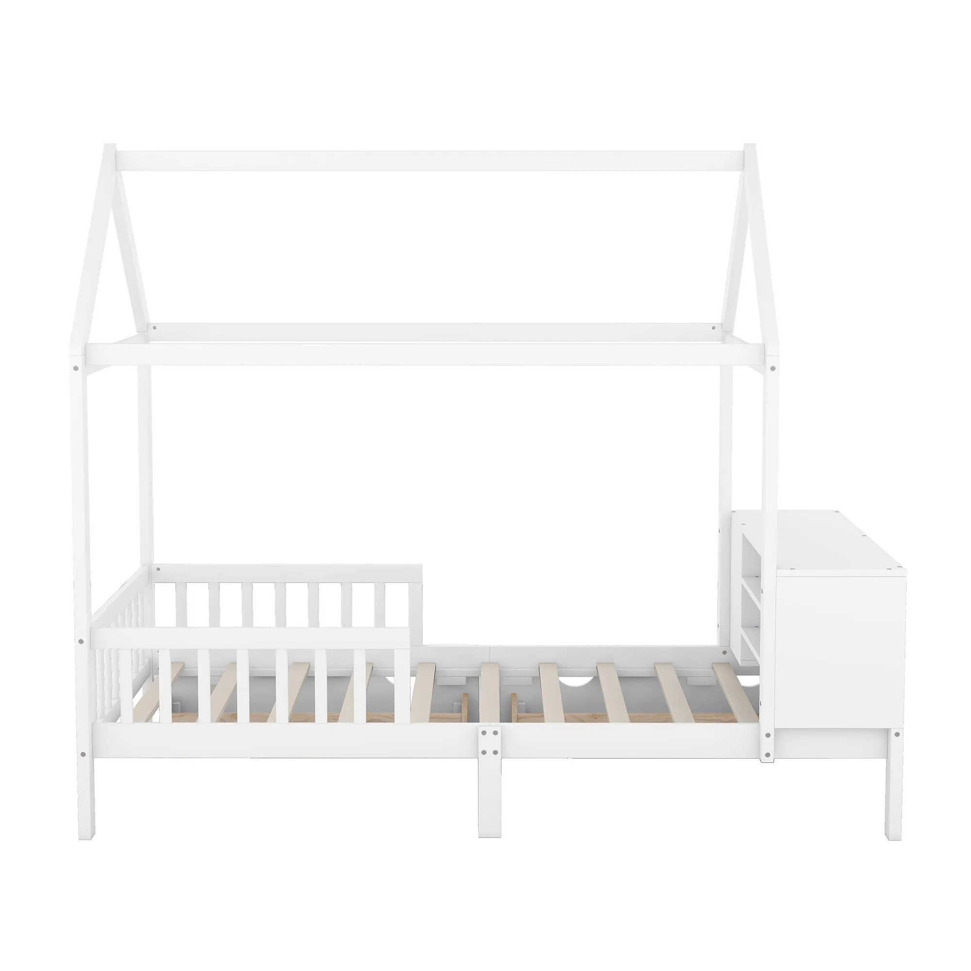 Twin Size House Bed with Fence, Drawers, Shelves and Desk, White