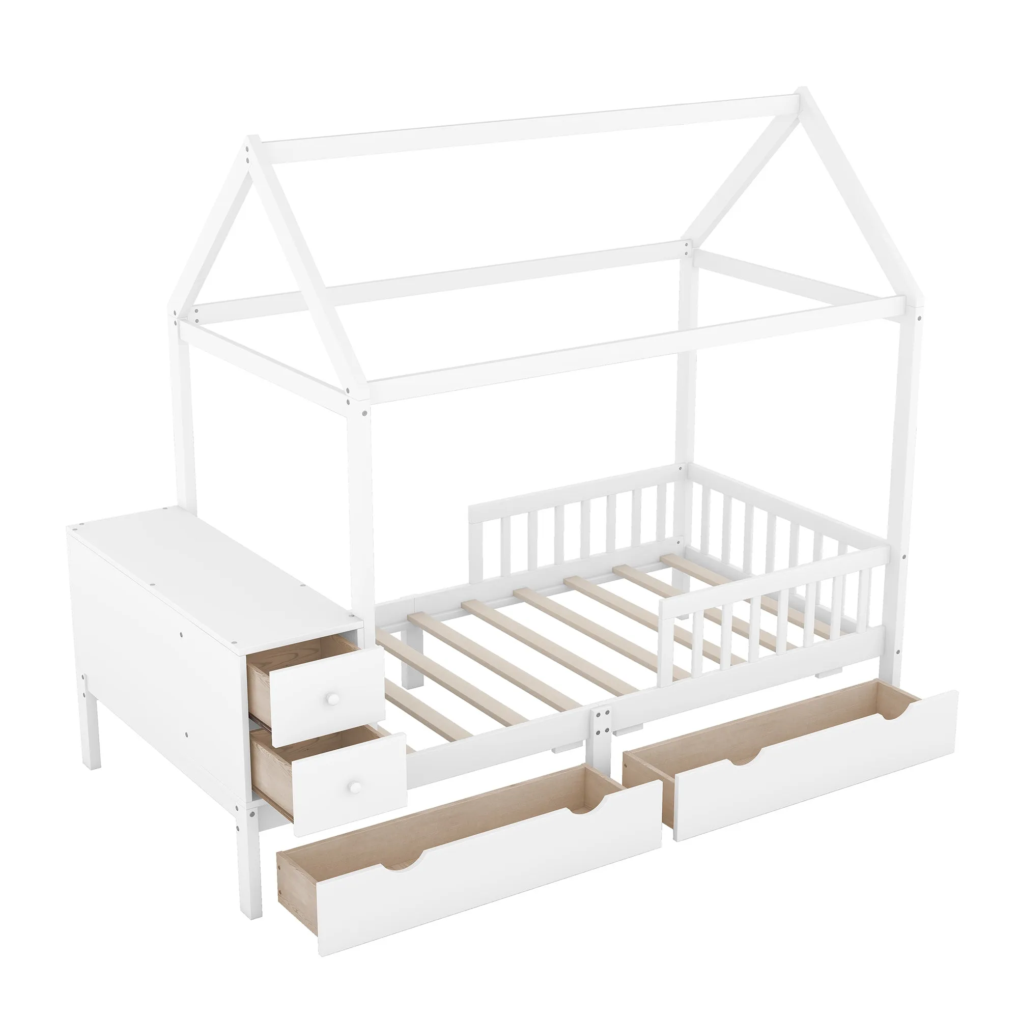 Twin Size House Bed with Fence, Drawers, Shelves and Desk, White