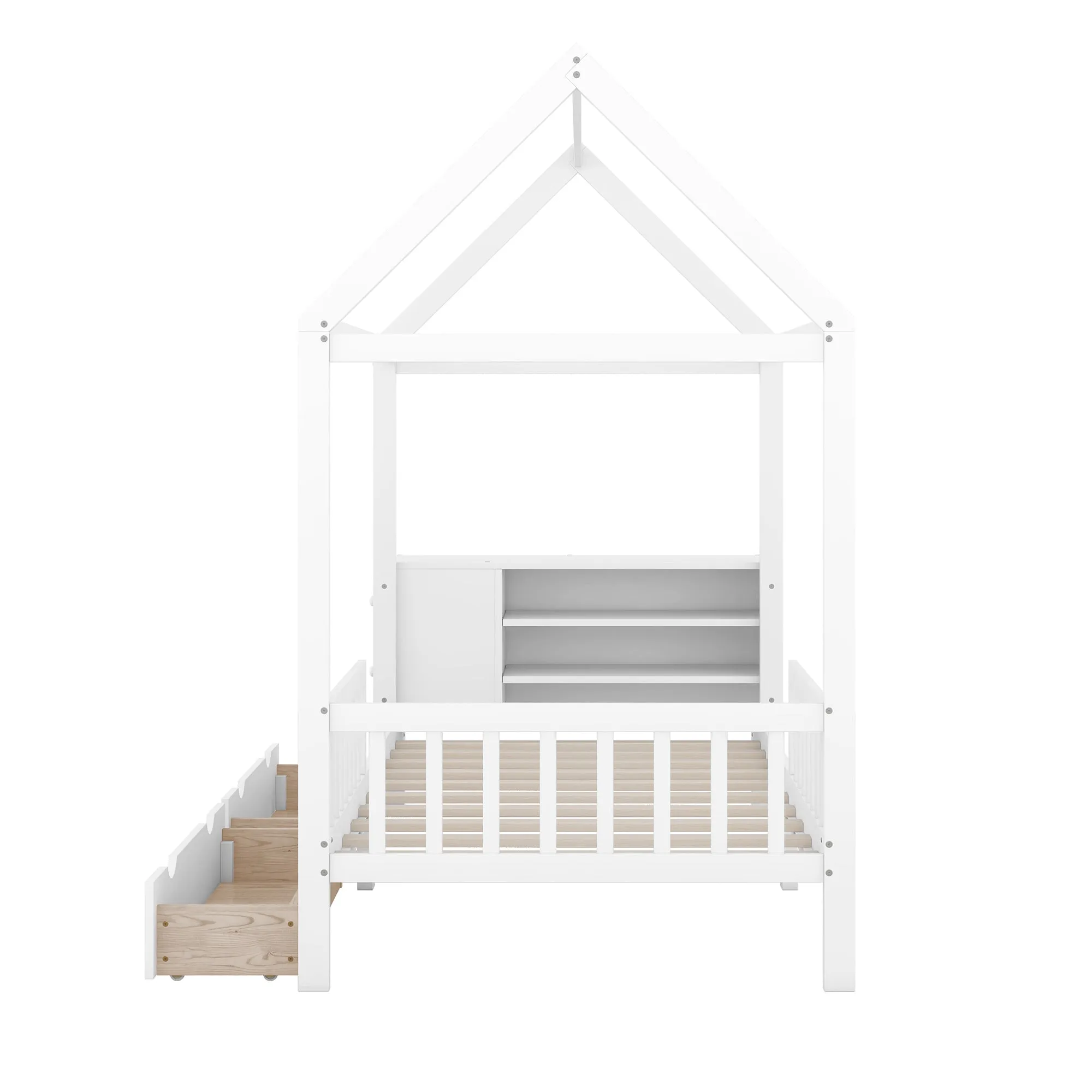 Twin Size House Bed with Fence, Drawers, Shelves and Desk, White