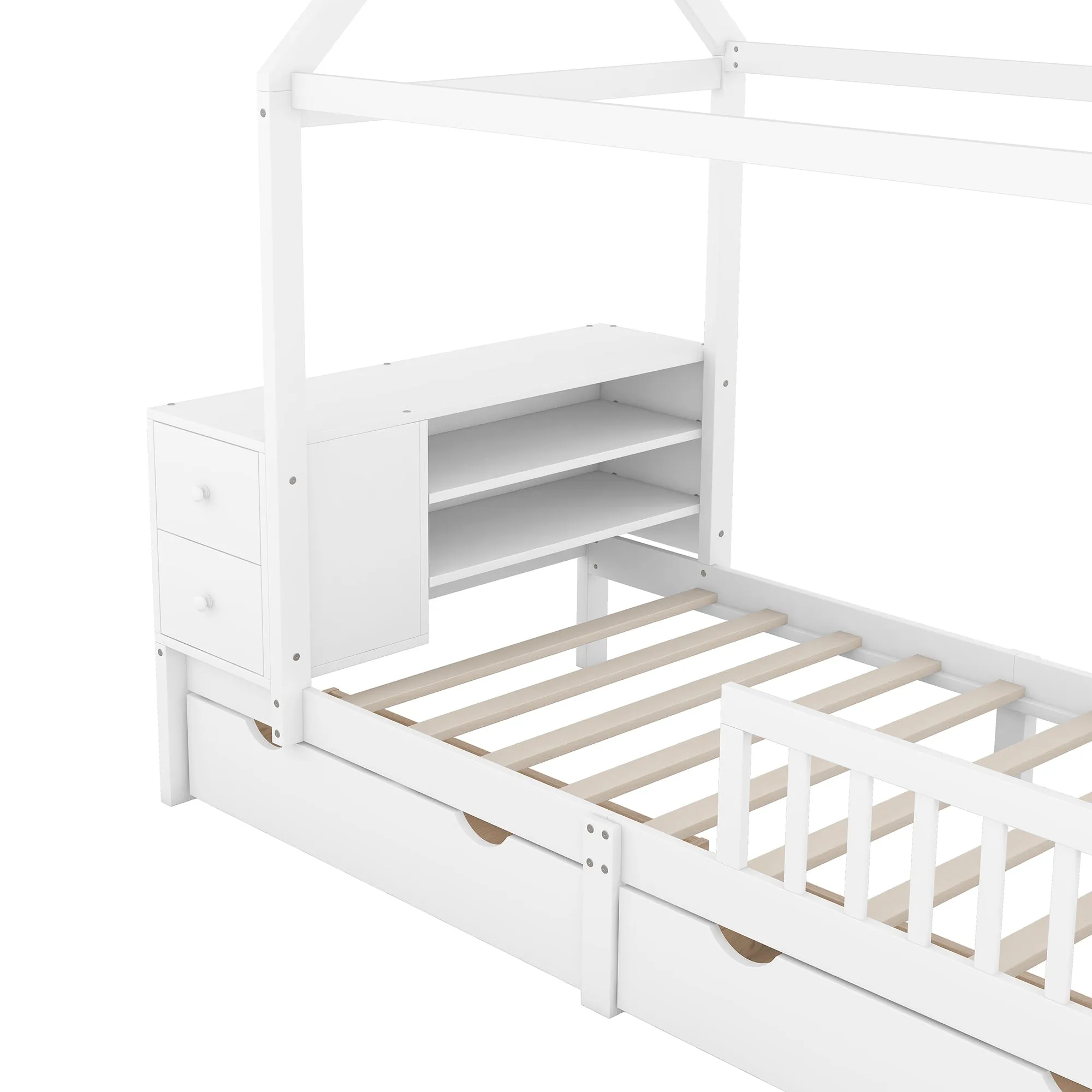 Twin Size House Bed with Fence, Drawers, Shelves and Desk, White