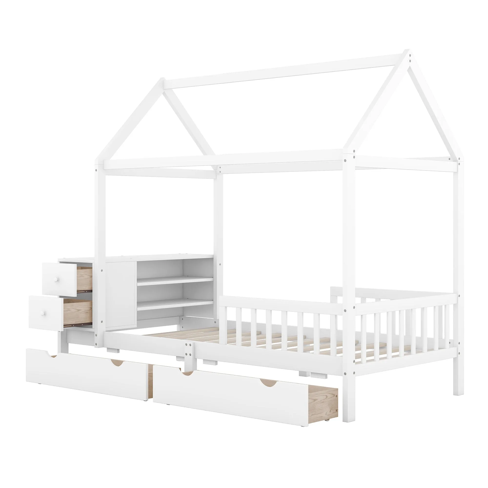 Twin Size House Bed with Fence, Drawers, Shelves and Desk, White