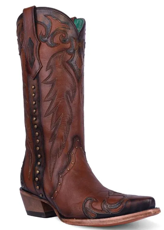 Women's Corral Honey/Black Wingtip Embroidery & Studs Zipper Boot