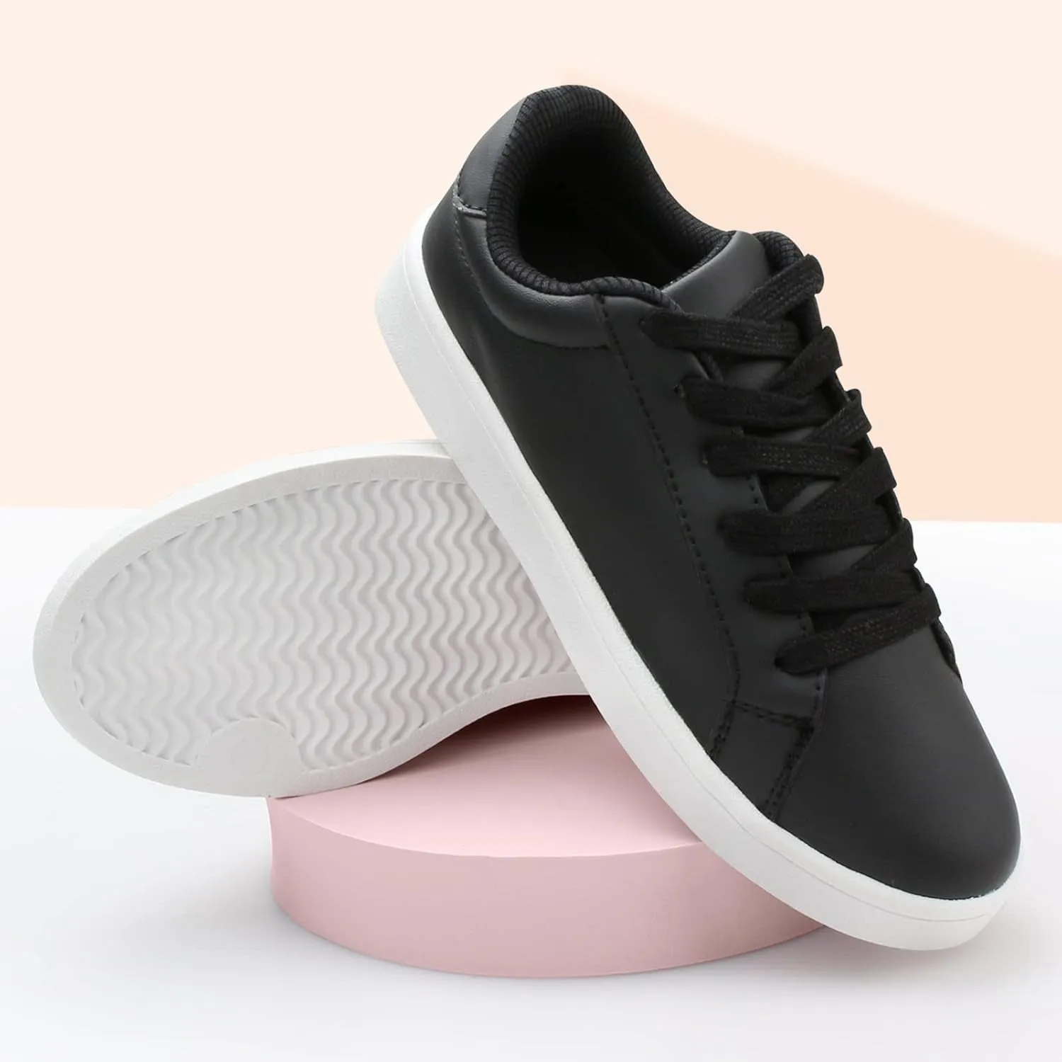 Women'S Low Top Sneakers - PU Leather Lace up Lightweight Fashion Sneakers for Women Comfortable Classic Casual Shoes Black Size 11