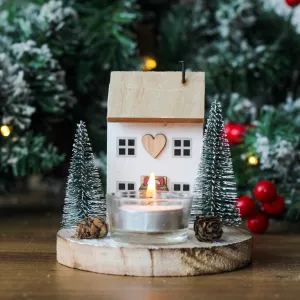 Wooden House With Festive Scene Candle Holder