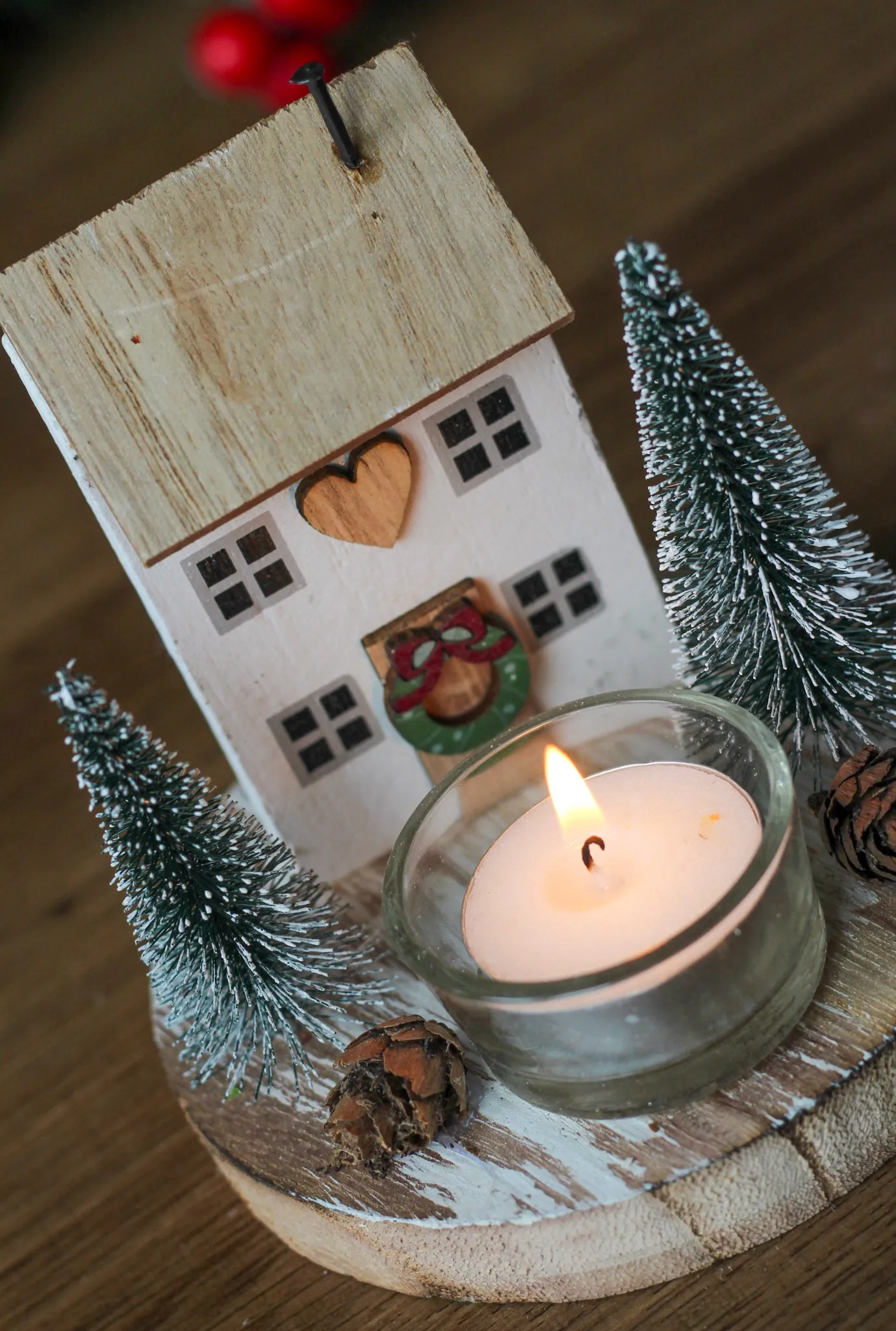 Wooden House With Festive Scene Candle Holder