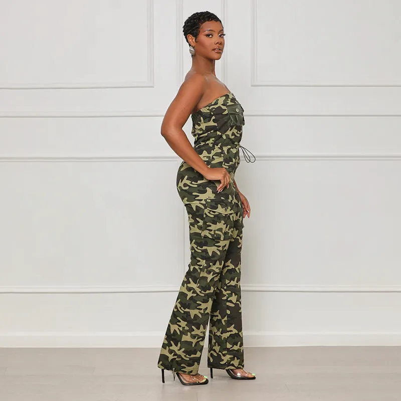 XIANGTUIBAO Cross-border 2025 trade women's clothing, 2025 fashion and sexy nightclubs, off-the-shoulder chest-wrapped rubber band waist zipper camouflage jumpsuit