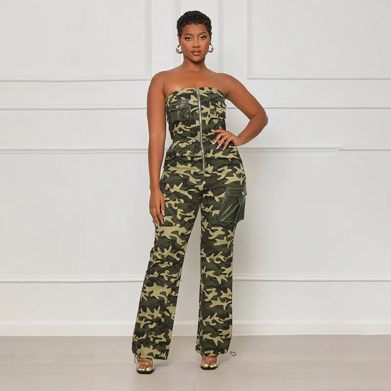 XIANGTUIBAO Cross-border 2025 trade women's clothing, 2025 fashion and sexy nightclubs, off-the-shoulder chest-wrapped rubber band waist zipper camouflage jumpsuit