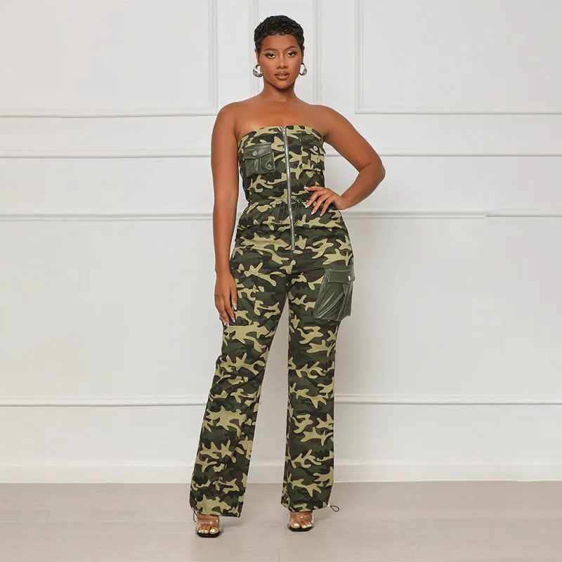 XIANGTUIBAO Cross-border 2025 trade women's clothing, 2025 fashion and sexy nightclubs, off-the-shoulder chest-wrapped rubber band waist zipper camouflage jumpsuit