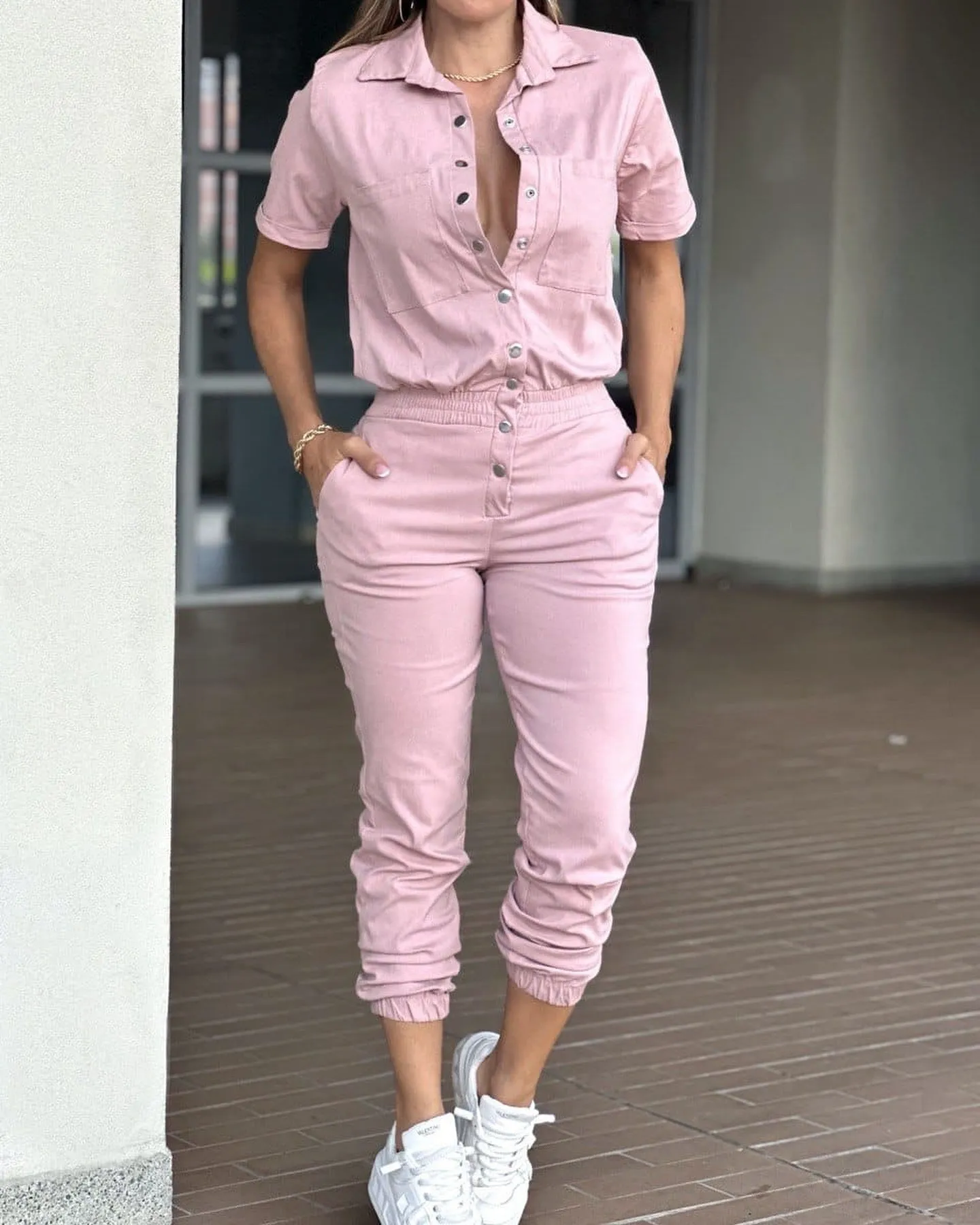 XIANGTUIBAO Cross-border  casual fashion women's leggings, lapel pockets, waist elastic button jumpsuits