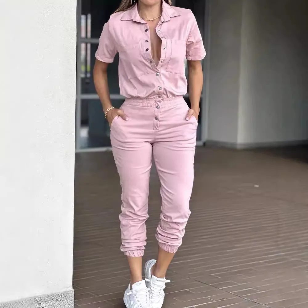 XIANGTUIBAO Cross-border  casual fashion women's leggings, lapel pockets, waist elastic button jumpsuits