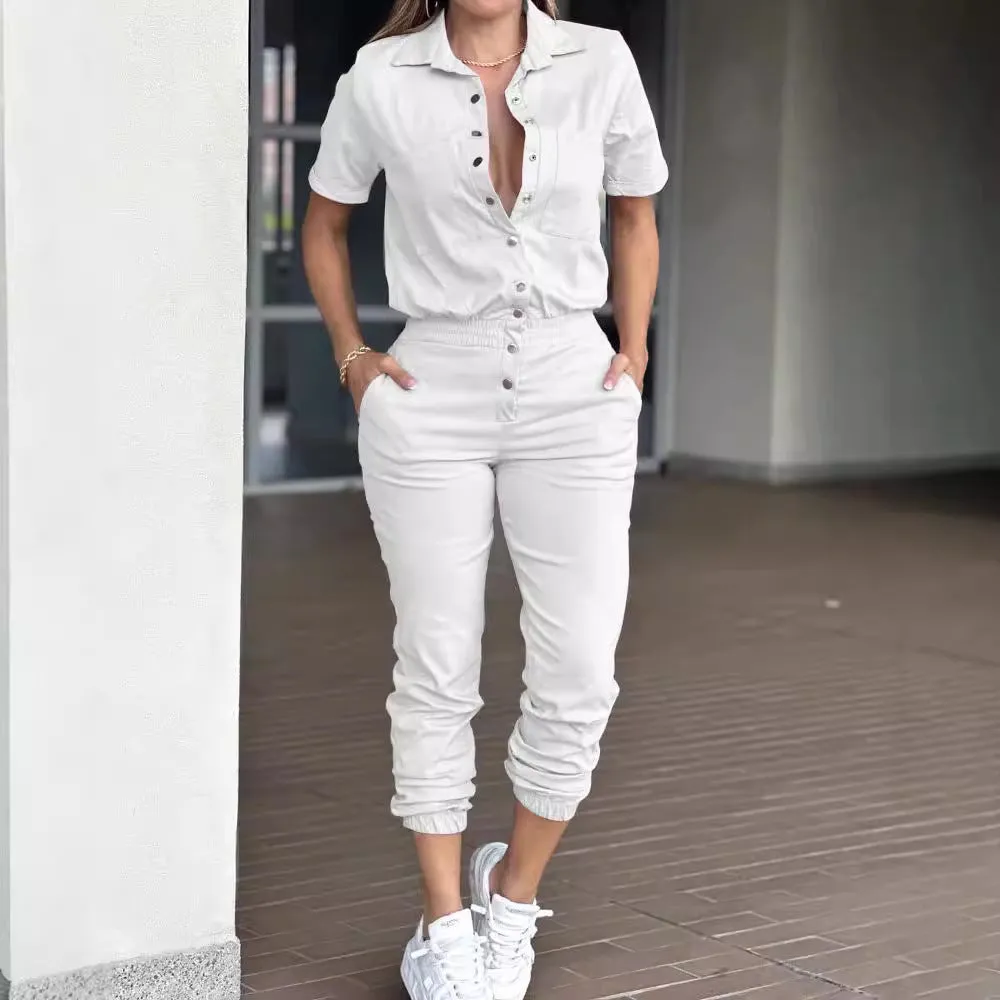 XIANGTUIBAO Cross-border  casual fashion women's leggings, lapel pockets, waist elastic button jumpsuits