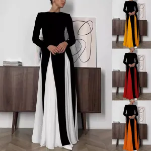 XIANGTUIBAO Cross-border  dinner party women's evening dress, tight A-shaped large skirt splicing long-sleeved crew neck dress