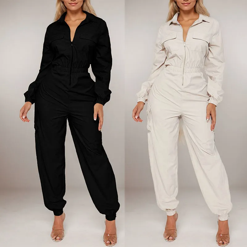 XIANGTUIBAO Cross-border Yama fashion out tooling onesie women, flip pocket elastic waist zipper jumpsuit new