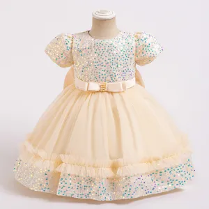 Xiangtuibao One Year Old Celebration Dress Girls' Dress Princess Children's Dress New Short-Sleeved Sequined Pettiskirt Children's Dress Cross-Border Wholesale