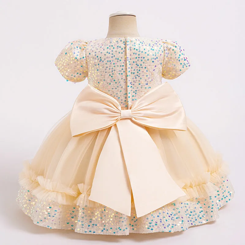 Xiangtuibao One Year Old Celebration Dress Girls' Dress Princess Children's Dress New Short-Sleeved Sequined Pettiskirt Children's Dress Cross-Border Wholesale