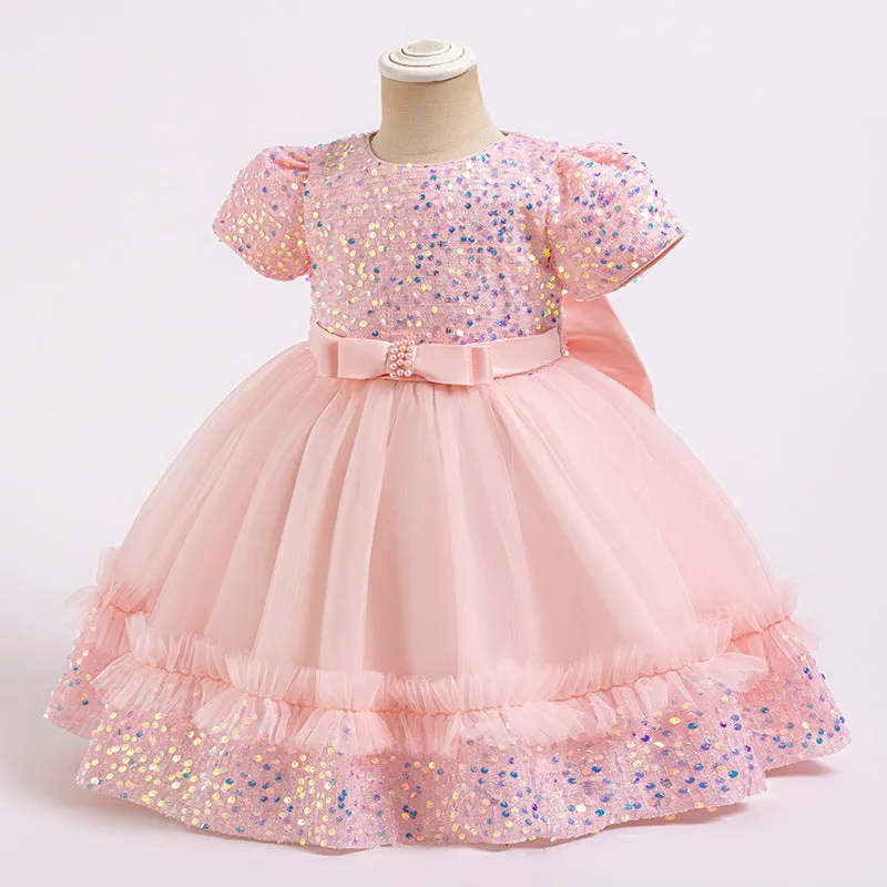 Xiangtuibao One Year Old Celebration Dress Girls' Dress Princess Children's Dress New Short-Sleeved Sequined Pettiskirt Children's Dress Cross-Border Wholesale