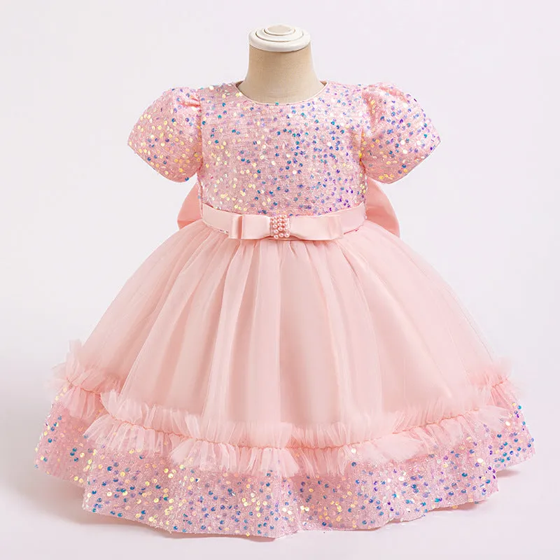 Xiangtuibao One Year Old Celebration Dress Girls' Dress Princess Children's Dress New Short-Sleeved Sequined Pettiskirt Children's Dress Cross-Border Wholesale